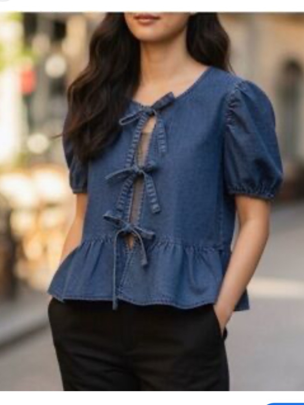 Sim & Sam Cotton Oversized Denim Tie-Front Peplum Blouse